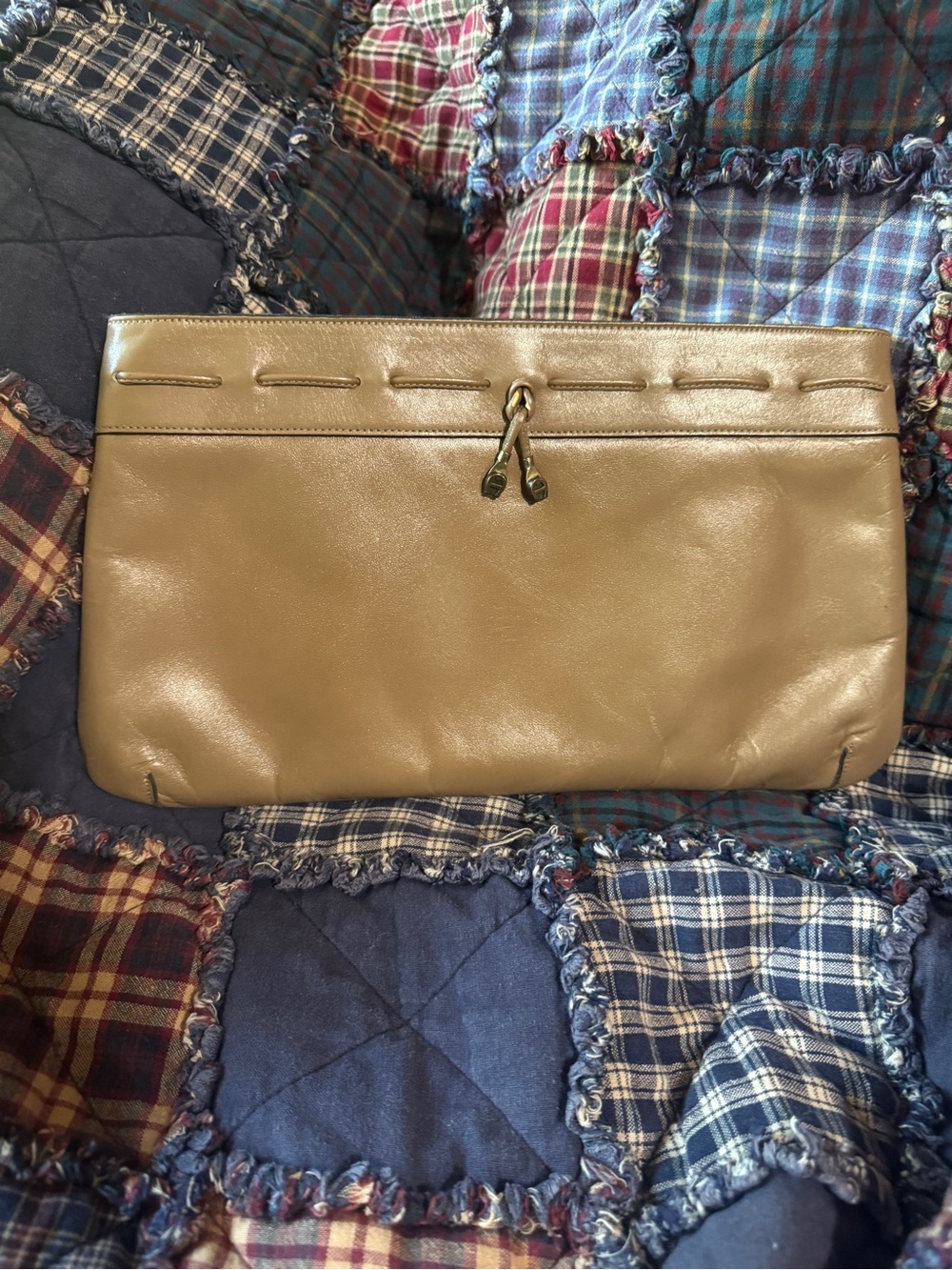 Etienne Aigner Neutral Tan Leather Clutch with Tassel Detail